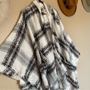 WORLD MARKET - Asymmetric Hooded Black & White Plaid Blanket Shawl - OVERSIZED